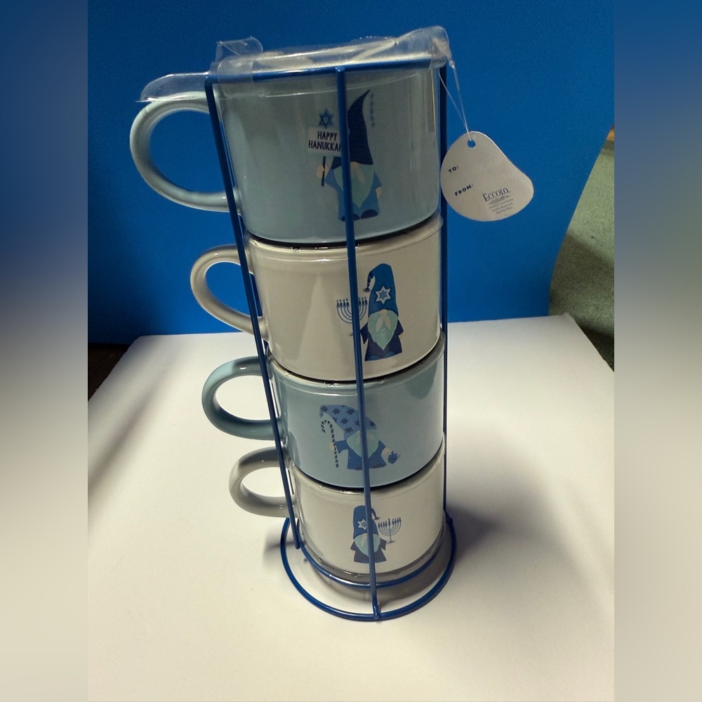 ECCOLO World Traveler Gnome Happy Hanukkah Set Of 4  Cups W/Blue Rack . New.